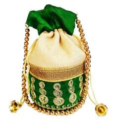 Rich Velvet & Jute Potli Bag (Clutch, Drawstring Purse, Evening Handbag) For Women With Gold Embroidery Work and Golden Beads String ,Green  (11476)