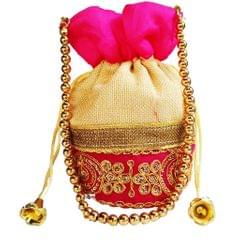Rich Velvet & Jute Potli Bag (Clutch, Drawstring Purse, Evening Handbag) For Women With Gold Embroidery Work and Golden Beads String , Fuchsia Pink (11478)