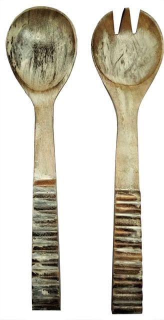 Wooden Serving Spoon & Fork Set 'Last Millenia': Antique Design Tableware or Kitchen Decorative Accent (11633)