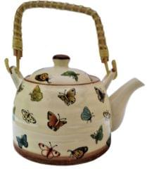 Ceramic Kettle 'Lively Butterflies': 850 ml Tea Coffee Pot, Steel Strainer Included (11621)