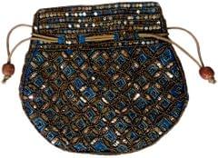 Potli Bag (Clutch, Drawstring Purse): Intricate Gold Thread & Sequin Embroidery Satchel, Firozi Turquoise (11806)