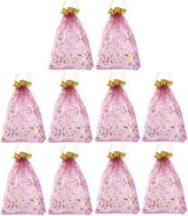 Polyester Net Brocade Gift Pouch, Fuschia Rani Pink, 9 Inches: Pack of 10 Potli Gift Bags (12081B)