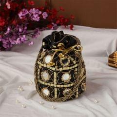 Potli Bag (Clutch, Drawstring Purse) For Women With Intricate Gold Thread & Sequin Embroidery Work (Black Color,11269)