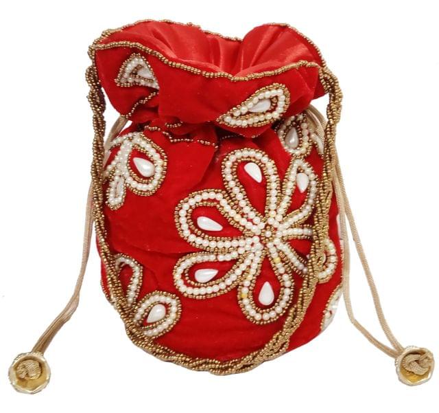 Chenille Potli Bag (Clutch, Drawstring Purse): Intricate Bead Work Satchel Handbag, Red (12396B)