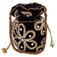 Chenille Potli Bag (Clutch, Drawstring Purse): Intricate Bead Work Satchel Handbag, Black (12396A)