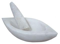 Marble Mortar Pestle Grinding Crushing Bowl Set: Ayurvedic Khal Dasta, Boat Shape (12469B)