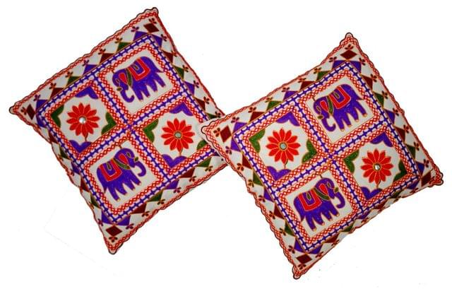 Cotton Throw Pillow Cushion Covers 'Royal Elephants': Ethnic Design Embroidery, Set Of 2, 16 Inches (12445A)