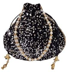 Blingy Shiny Chenille Potli Bag (Clutch, Drawstring Purse) For Women: Black Sequin Embroidery Work (12530B)