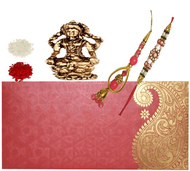 Rakhi Set: Bhai Rakhi Bracelet. Bhabhi Rakhi (Lumba or Latkan), Roli Chawal Tika, Miniature Lakshmi Statue (rakhi101c)