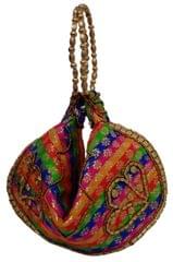 Silk Clutch Purse In Pyramid Design: Ladies Handbag Potli With Sequin Embroidery, Multicolor (12531C)