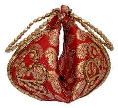 Silk Clutch Purse In Pyramid Design: Ladies Handbag Potli With Sequin Embroidery, Red (12531A)