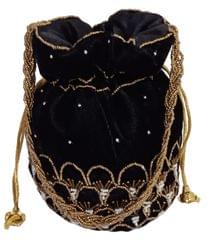 Chenille Potli Bag (Clutch, Drawstring Purse): Intricate Bead Work Satchel Handbag, Black (12604A)