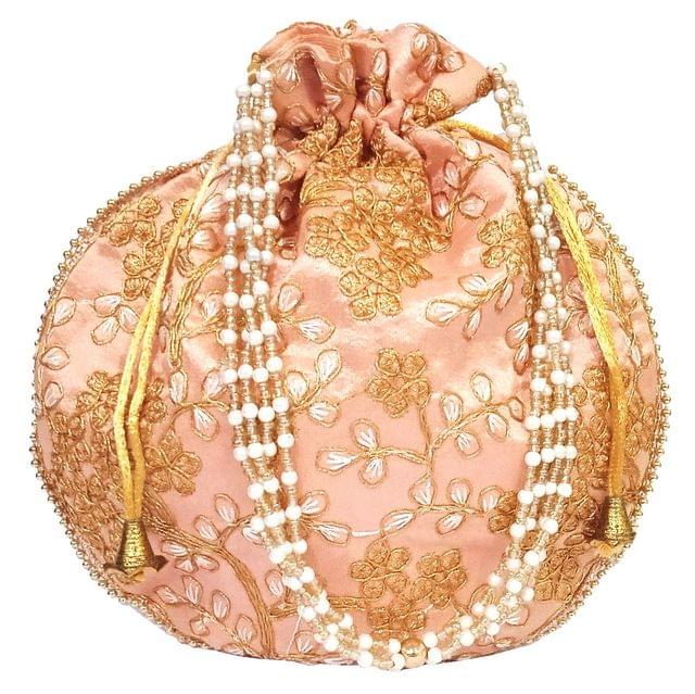 Silk Potli Bag (Clutch, Drawstring Purse): Intricate Gold Thread & Sequin Embroidery Satchel For Women, Orange Peach(12602B)