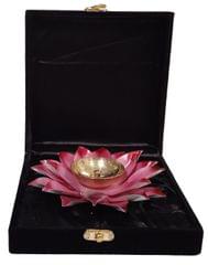 Metal Diya Deepak Rose: Festival Oil Lamp Deepam Decor In Classy Velvet Chenille Gift Box (12596)