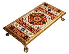 Wooden Aasan Chowki With Meenakari Work: Flower Design Rectangle Plinth Stool Stand For Placing Idols, Vases or Artefacts (12665)