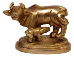 Brass Idol Kamdhenu Cow With Calf: Mini Statue For Home Temple (11784A)
