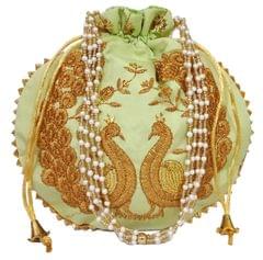 Silk Potli Bag (Clutch, Drawstring Purse): Intricate Gold Thread & Sequin Peacock Embroidery Satchel For Women, Lime Green (11474C)?