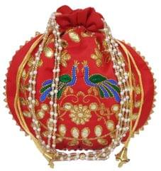 Silk Potli Bag (Clutch, Drawstring Purse) With Contrast Peacock: Intricate Gold Thread Embroidery Satchel For Women, Red (12680B)