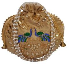 Silk Potli Bag (Clutch, Drawstring Purse) With Contrast Peacock: Intricate Gold Thread Embroidery Satchel For Women, Gold (12680A)