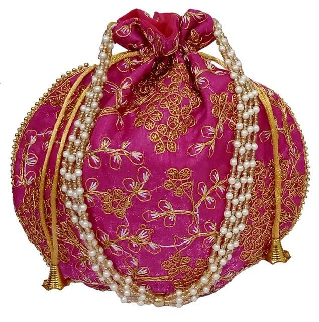 Silk Potli Bag (Clutch, Drawstring Purse): Intricate Gold Thread & Sequin Embroidery Satchel For Women, Rani Pink Fuchsia (12602G)