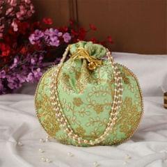 Silk Potli Bag (Clutch, Drawstring Purse): Intricate Gold Thread & Sequin Embroidery Satchel For Women, Parrot Green (12602F)