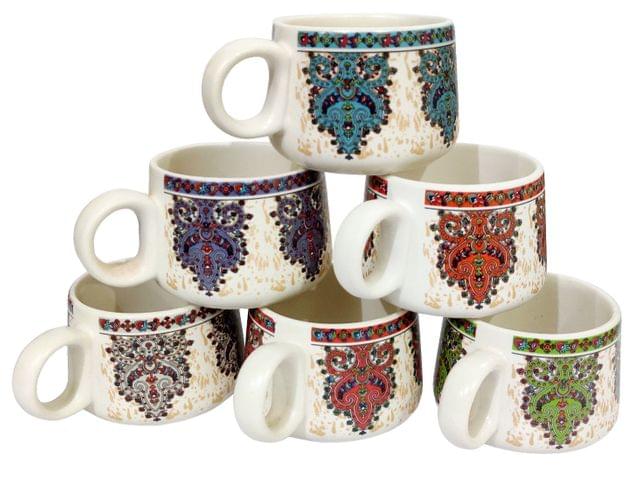 Ceramic Painted Cup Set: 6 Tea Coffee Cups In Traditional Indian Designs, Mix Colors, 125 ml (12673)