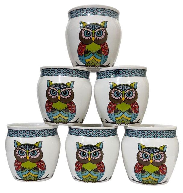 Ceramic Designer Kulhar Cups Colorful Owl: Indian Souvenir Memorabilia Set Of 6 Mugs (12314A)