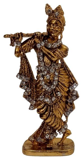 Metal Statue Krishna Kishan With Flute: Mini Idol With Glittering Stones For Car Dashboard Or Home Temple (12453A)