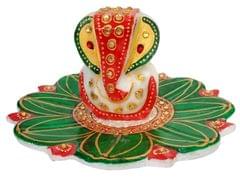 Marble Idol Ganesha On Lotus Flower: Colorful Idol For Home Temple Or Gift (15742C)