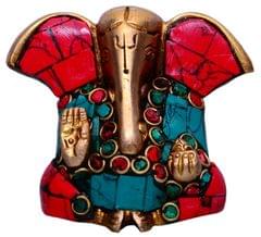 Hindu Religious God Small Statue of Lord Ganesha in Solid Brass Metal with Turquoise Gem-stone Work (10358)
