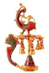 Brass Deepak/Diya Kuthu Vilakku: Peacock Design With Magnificent Gemstones; Indian Religious Gift (11315)