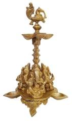 Brass Oil Lamp Kuthu Vilakku: Antique Design Royal Deepam Diya With 3 Ganesha, Parrots & Peacock (12033A)
