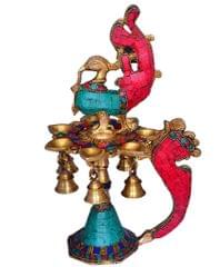 Peacock Design Diyas In Pure Solid Brass with Gemstone Work Kuthu Vilakku  (10665)
