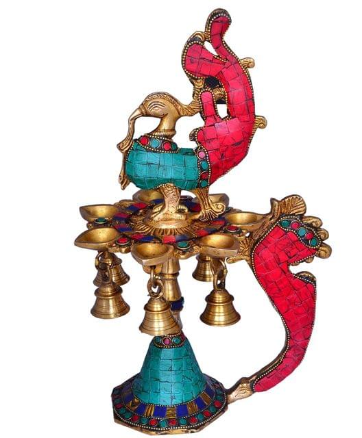 Peacock Design Diyas In Pure Solid Brass with Gemstone Work Kuthu Vilakku  (10665)