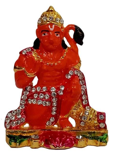 Metal Idol Hanuman Bajrangbali: Saffron Statue With Glittering Stones For Home Temple Or Car Dashboard(12627)
