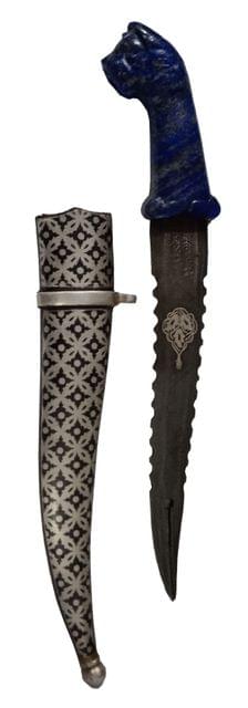 Vintage Dagger Knife: Antique Tiger Design Hilt Carved in Lapis Lazuli Stone, Damascus Steel Blade, Silver Inlay Scabbard, 9 inches (A20031)