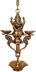 Brass Ganesha Nila Vilakku 7-batti Hanging Diya: Peacocks Design Majestic Oil Lamp Deepak (12253)