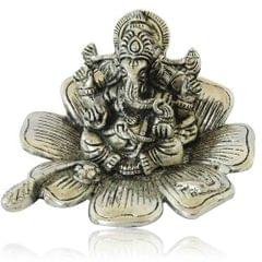 White Metal Ganesha on Lotus Showpiece, Indian gift ideas (10176)