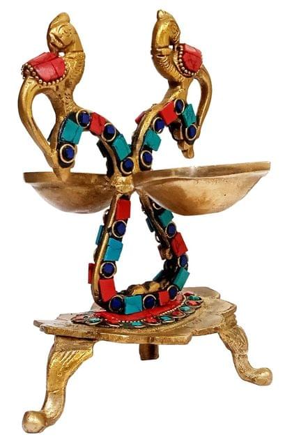 Brass Kuthu Vilakku Inauguration Oil Lamp With Magnificent Stonework: Peacock Design Lamp With 2 Diyas (12651)