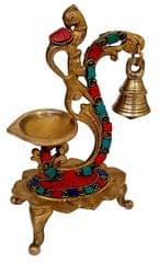 Brass Kuthu Vilakku Inauguration Oil Lamp With Magnificient Stonework: Peacock Design Diya With Bell (12573A)