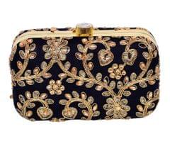 Women's Black Party Clutch Purse With Traditional Embroidery In Gold (10695)