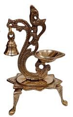 Brass Kuthu Vilakku Inauguration Oil Lamp: Peacock Design Diya With Bell (12573)