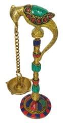 Brass Peacock Oil Lamp: Hanging 5-Diya Deepam with Gemstones (11577A)