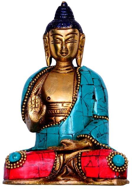 God Statue of Lord Buddha in Solid Brass Metal with Turquoise Gem-stone Work (10359)