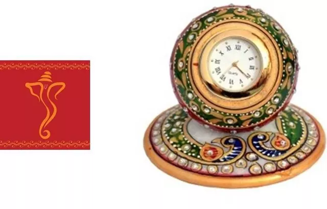 Diwali gift Hamper: Marble Clock, Greeting Card dh4a