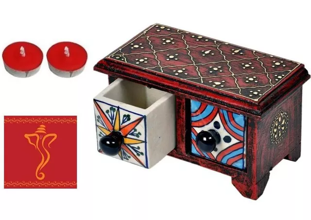 Diwali gift Hamper: Decorative drawer, Greeting Card and Diya Set of  2