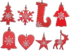 Wooden Christmas decoration, Red, Set of 8, 4 inches (chred21)