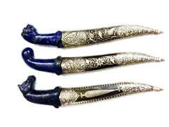 Decorative Dagger With Lapis Lazuli Stone Hilt And Silver Wire Koftgiri Work Scabbard (a104)