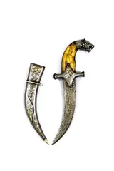 Vintage Dagger Knife: Antique Tiger Design With Camel-bone Chips Hilt, Damascus Steel Blade, Silver Inlay Scabbard, 12 inches (A20013)