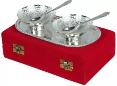 German Silver Bowl set of 2 in Red Velvet box for Serving Dry fruits, sweets (10183)